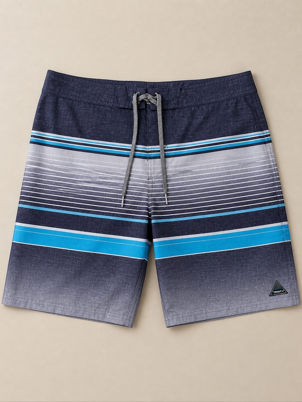 Trinity Men's Board Shorts Size 36 Gray Blue Horizontal Stripe Stretch Swimwear